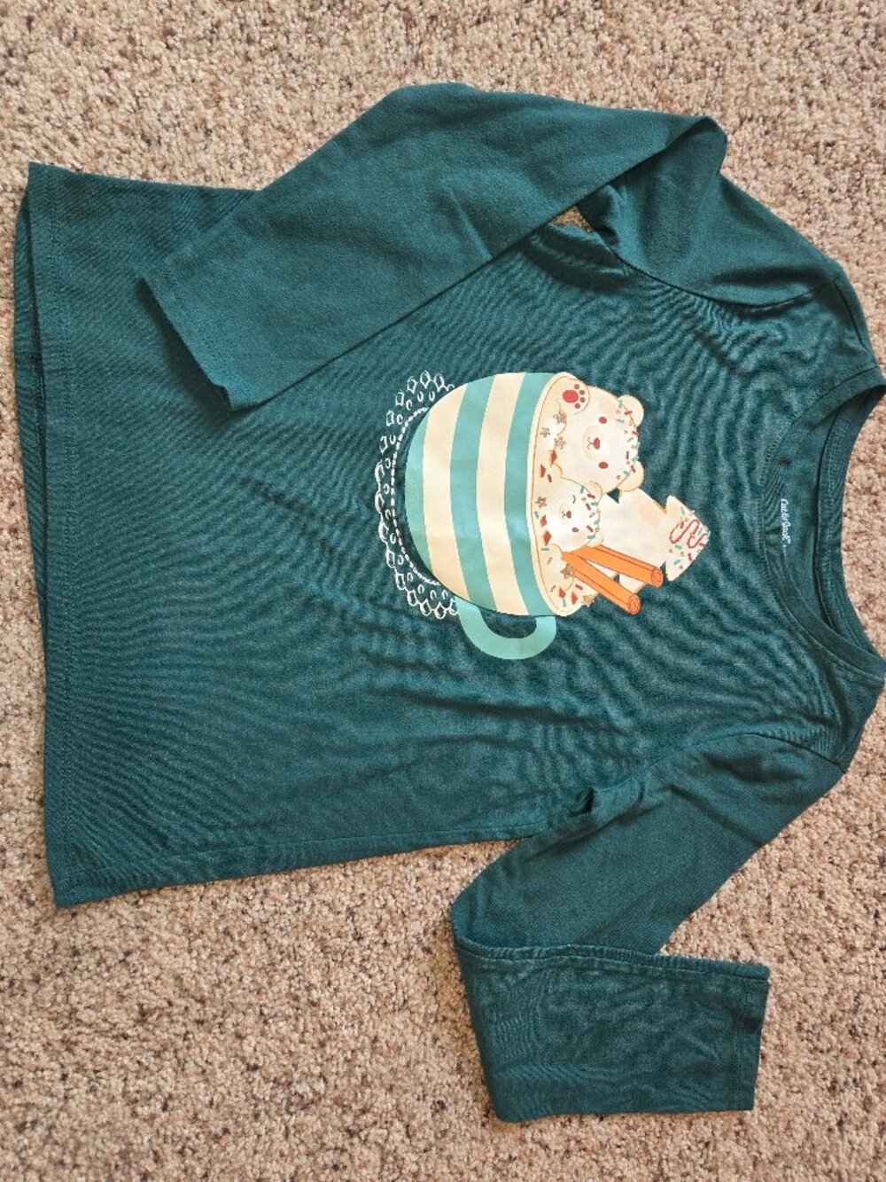 Cat and Jack Green Holiday Long Sleeve Christmas Cocoa Gold Sparkle Bear Girl 6